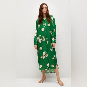 Mango Green Floral Long-Sleeve Button Midi Dress